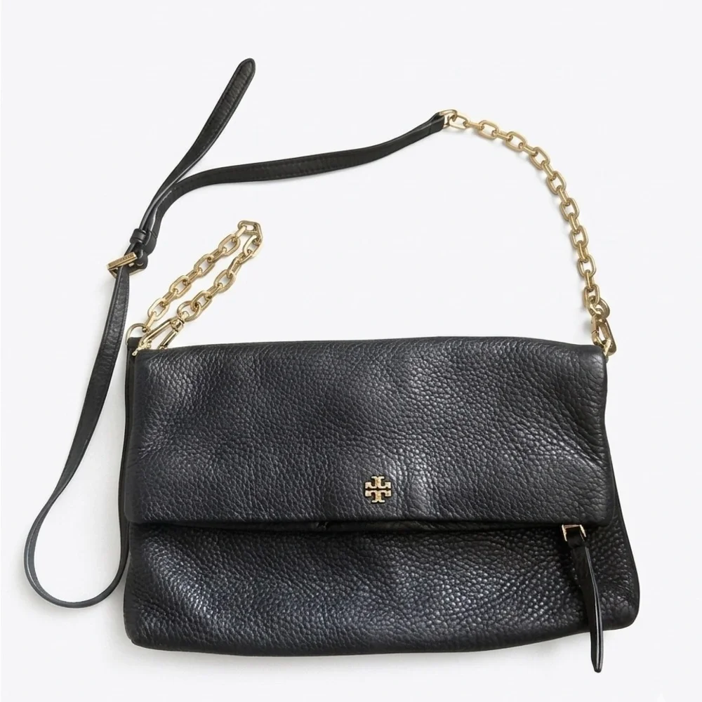 Tory Burch Fold Over Black Leather Crossbody